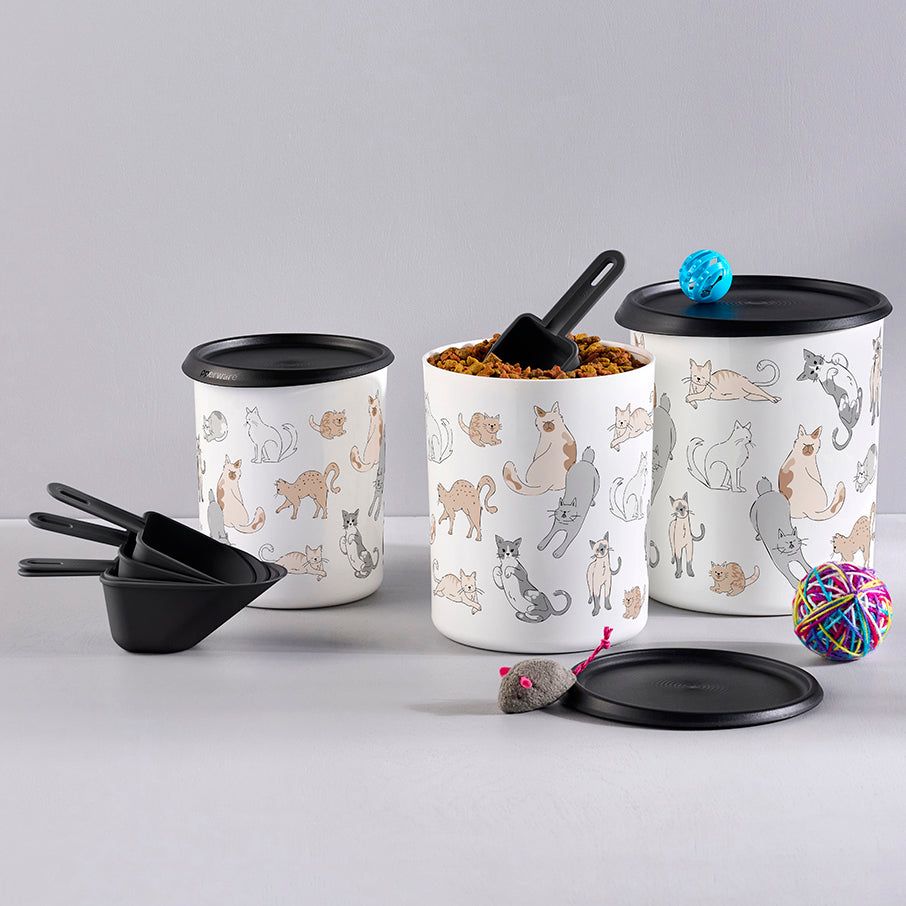 Tupperware Tupperpets One Touch Canister & Scoop Set/Cozy Cats Black / White Dry Storage | OTLU31426