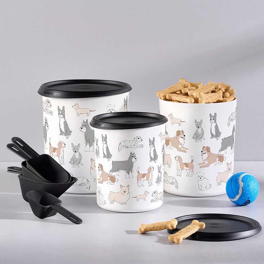 Tupperware Tupperpets One Touch Canister & Scoop Set/Pawsome Pups Black / White Dry Storage | OFPV01652