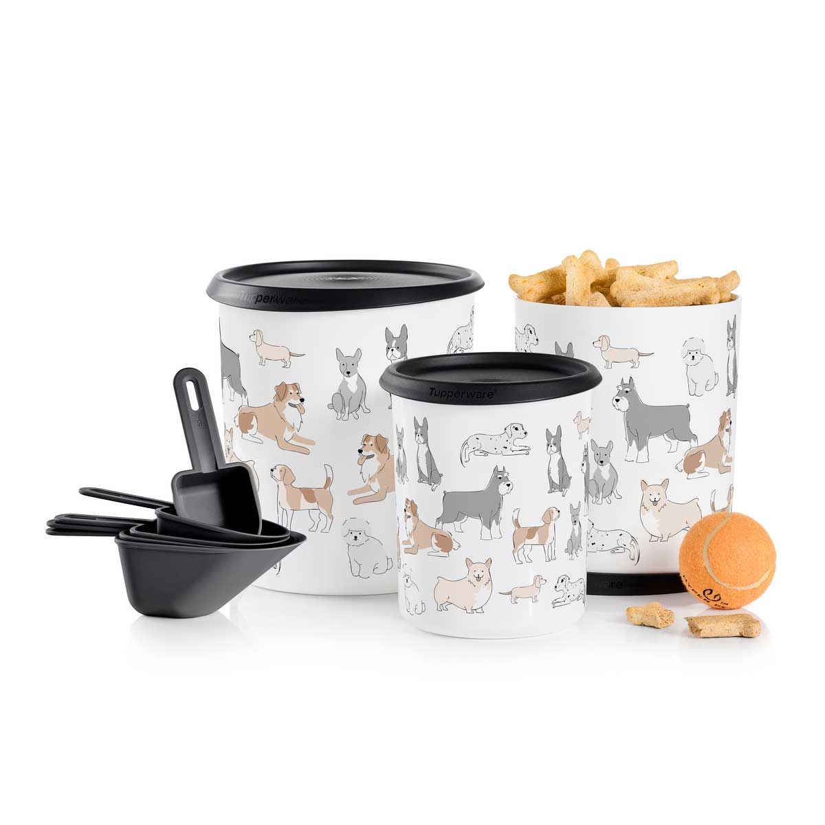 Tupperware Tupperpets One Touch Canister & Scoop Set/Pawsome Pups Black / White Dry Storage | OFPV01652